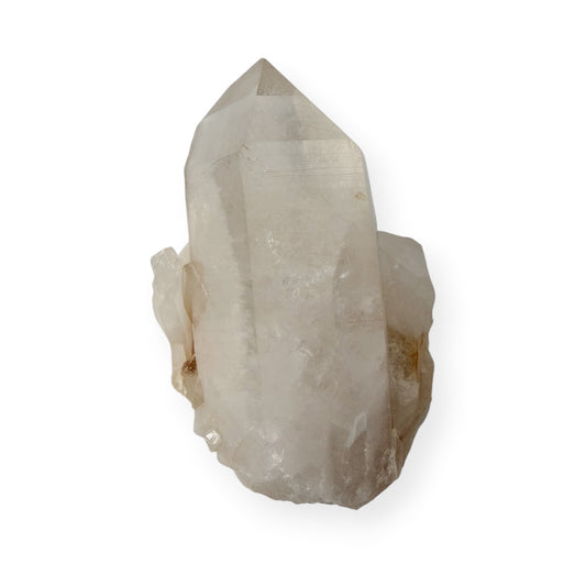 Self-Healed clear quartz point on white background