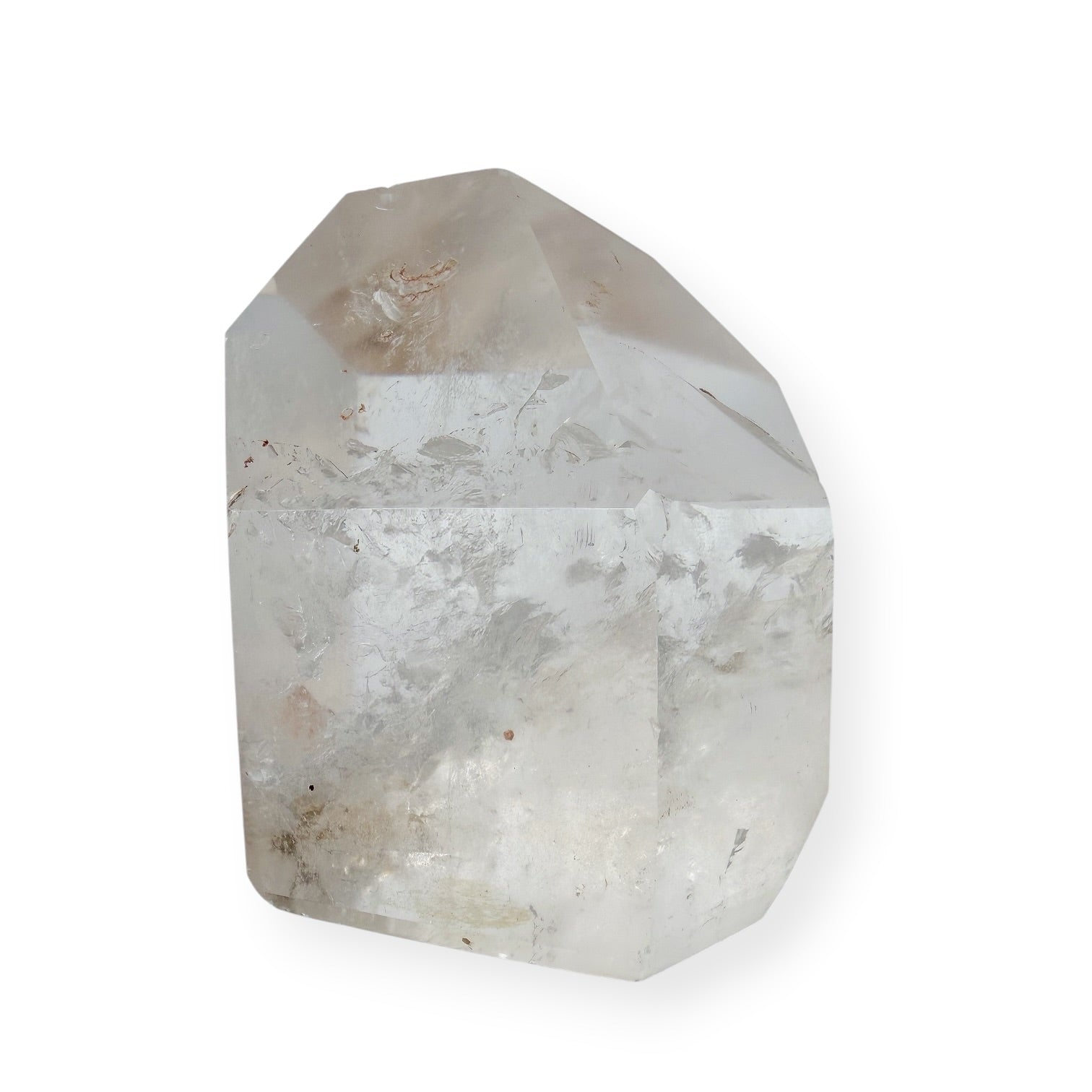 Clear quartz tower on white background showing details