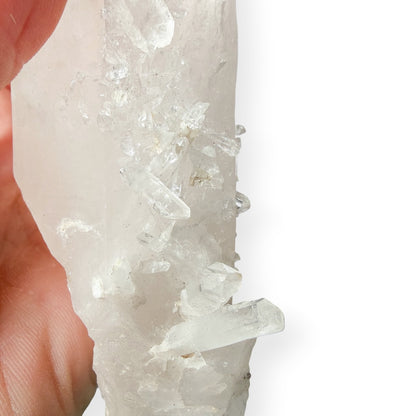 Close up of needle quartz base of clear quartz point. 