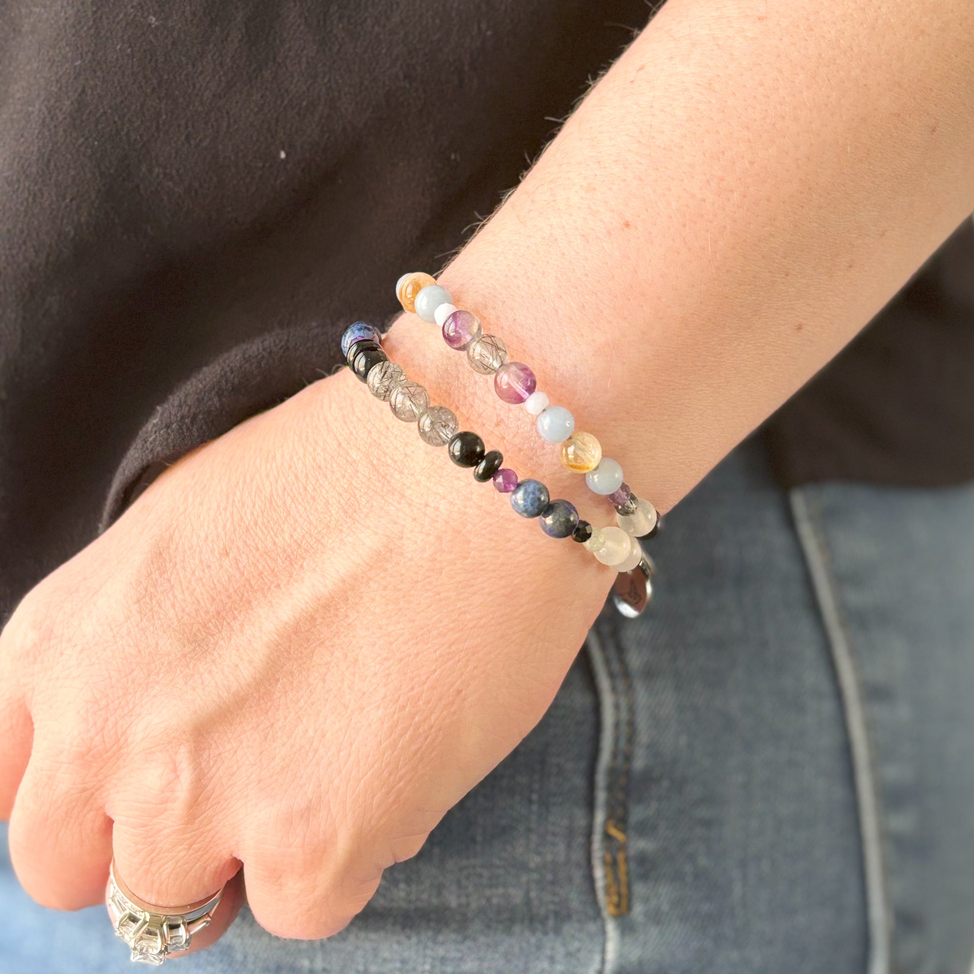 Easy on, easy off women's confidence and strength bracelet stacked.