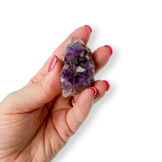 Hand holding a purple amethyst crystal cluster against a white background