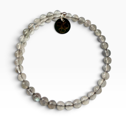 4mm Labradorite wrap bracelet on a white background.