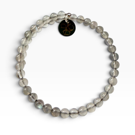 4mm Labradorite wrap bracelet on a white background.