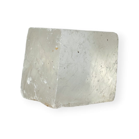 Opaque white optical calcite with rainows