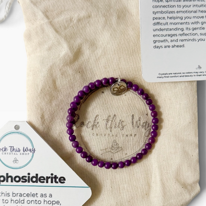 Phosphosiderite 4mm beaded bracelet with packaging and muslin bag.