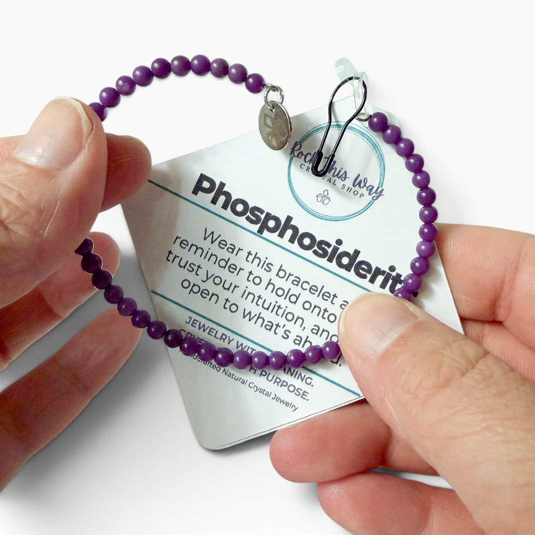 Phosphosiderite with bracelet card showing stretch.