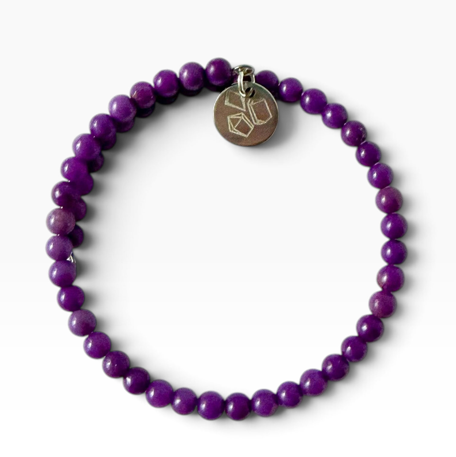Phosphosiderite wrap bracelet. 4mm purple beads on white background.
