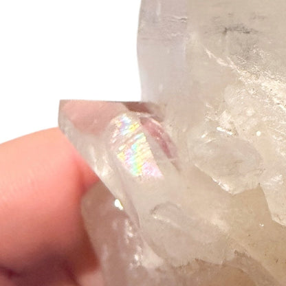 Clear crystal held by a hand against a white background to show rainbow on point