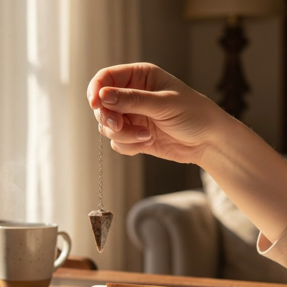 Hand holding a Sea Jasper crystal pendulum with a blurred indoor background