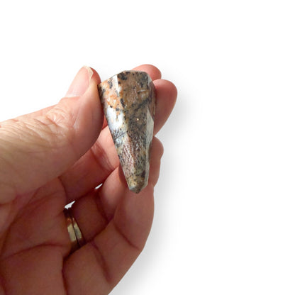 Hand holding a sea jasper pendulum to see detail against a white background