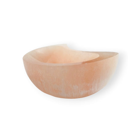 Carved orange Satin Spar crescent moon dish featuring warm sunset tones and a silky natural shimmer.