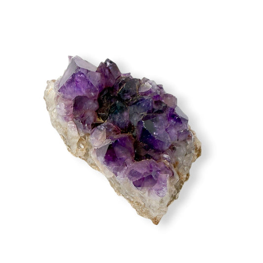 Amethyst crystal cluster on a white background
