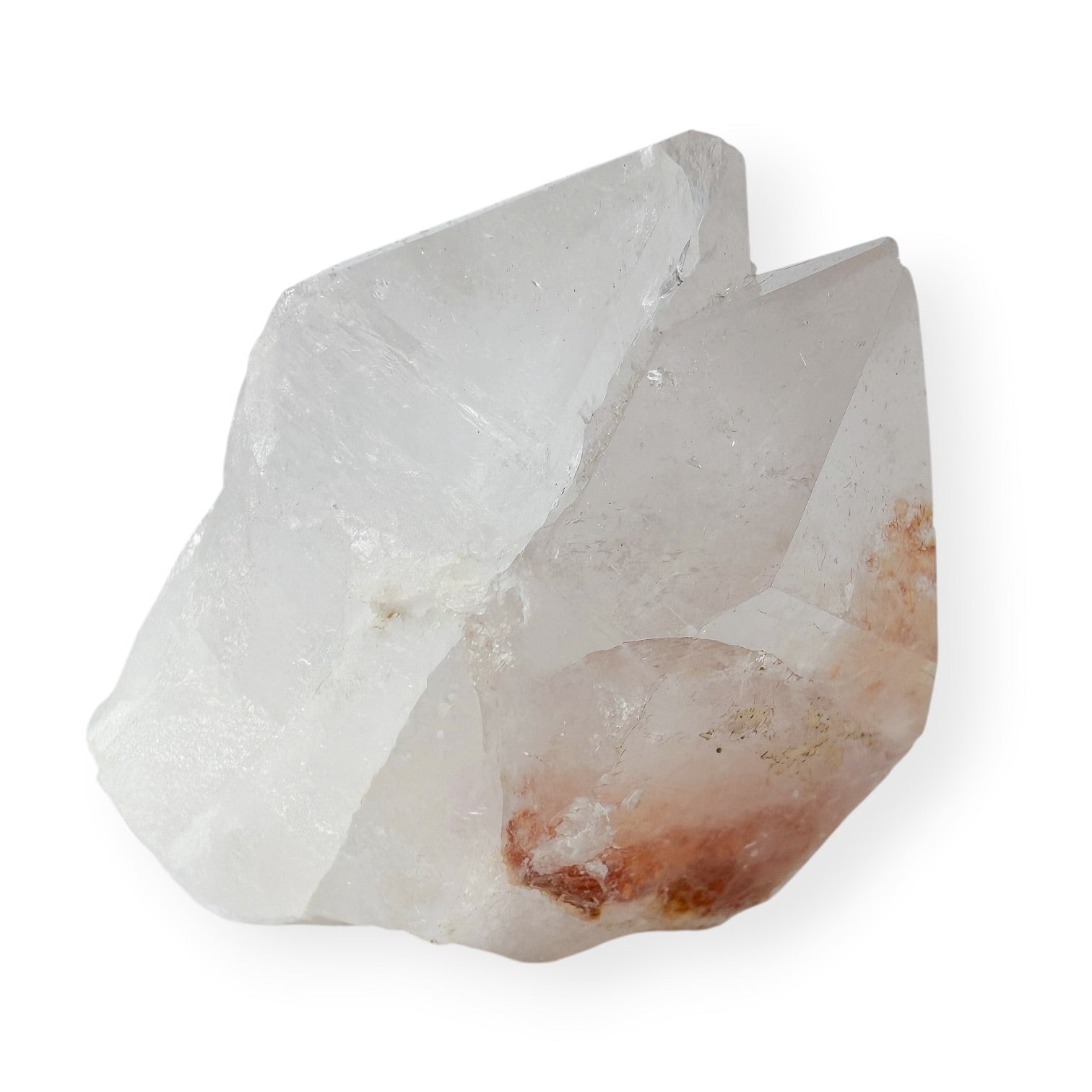 Clear quartz twin point with record keepers on white background with natural iron inclusions. 