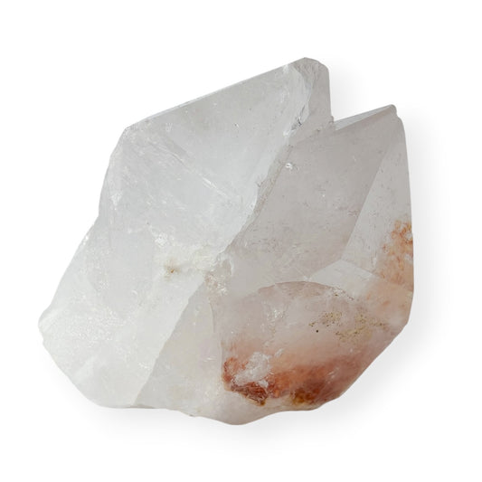 Clear quartz twin point with record keepers on white background with natural iron inclusions. 