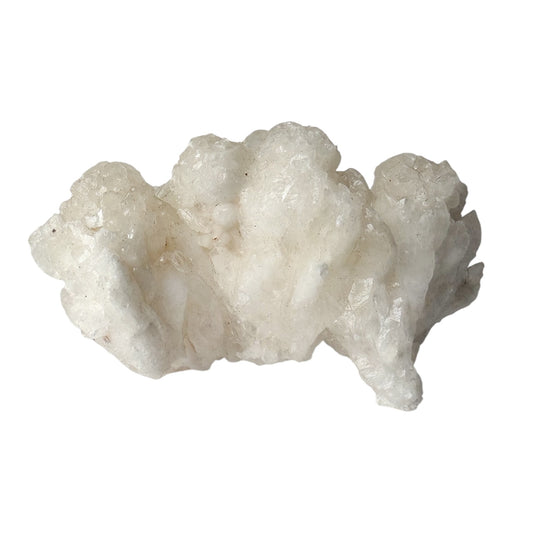 White cave calcite on white background showing shiny details.