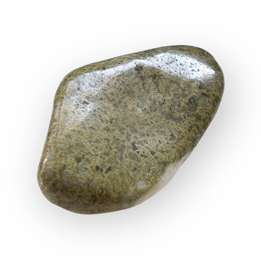 Front view of medium polished African Epidote with olive and peach tones
