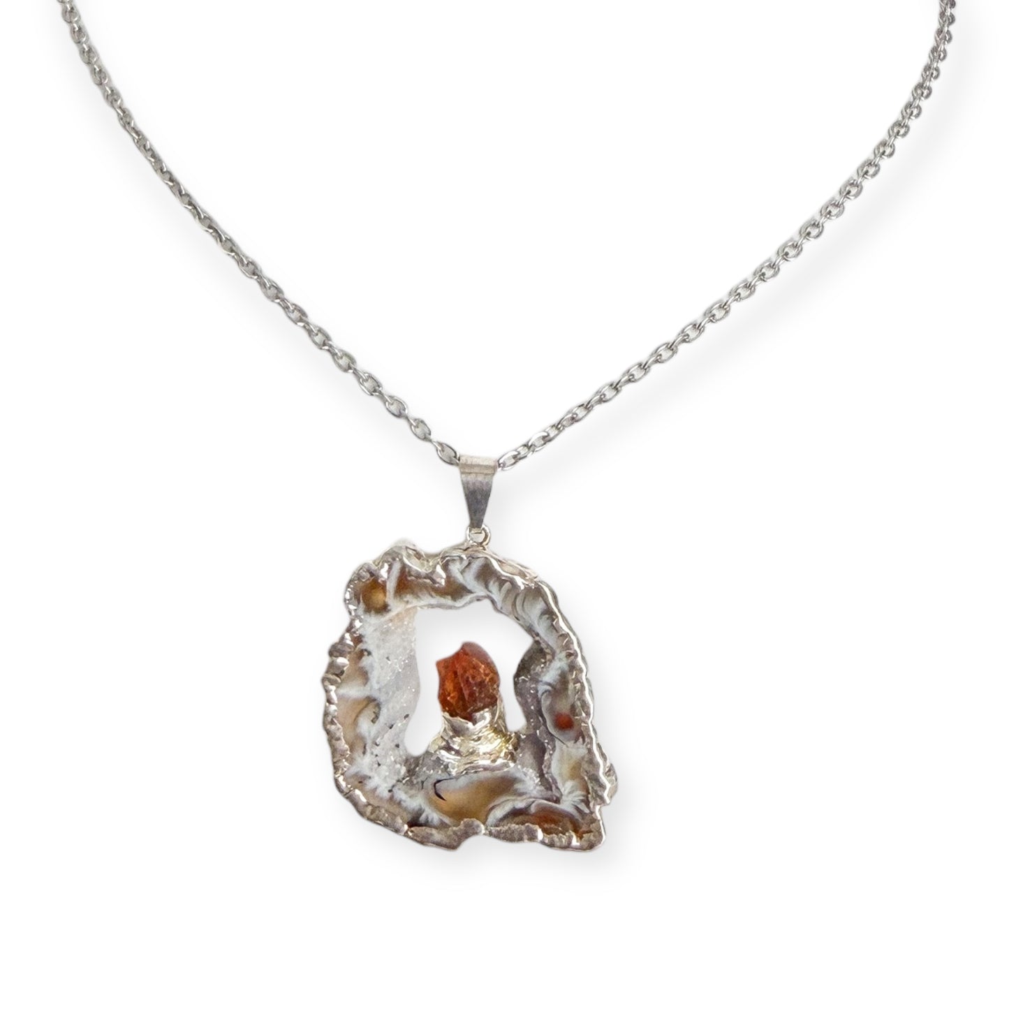 Agate geode slice pendant necklace with raw citrine crystal on an 18 inch stainless steel chain
