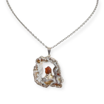 Agate geode slice pendant necklace with raw citrine crystal on an 18 inch stainless steel chain