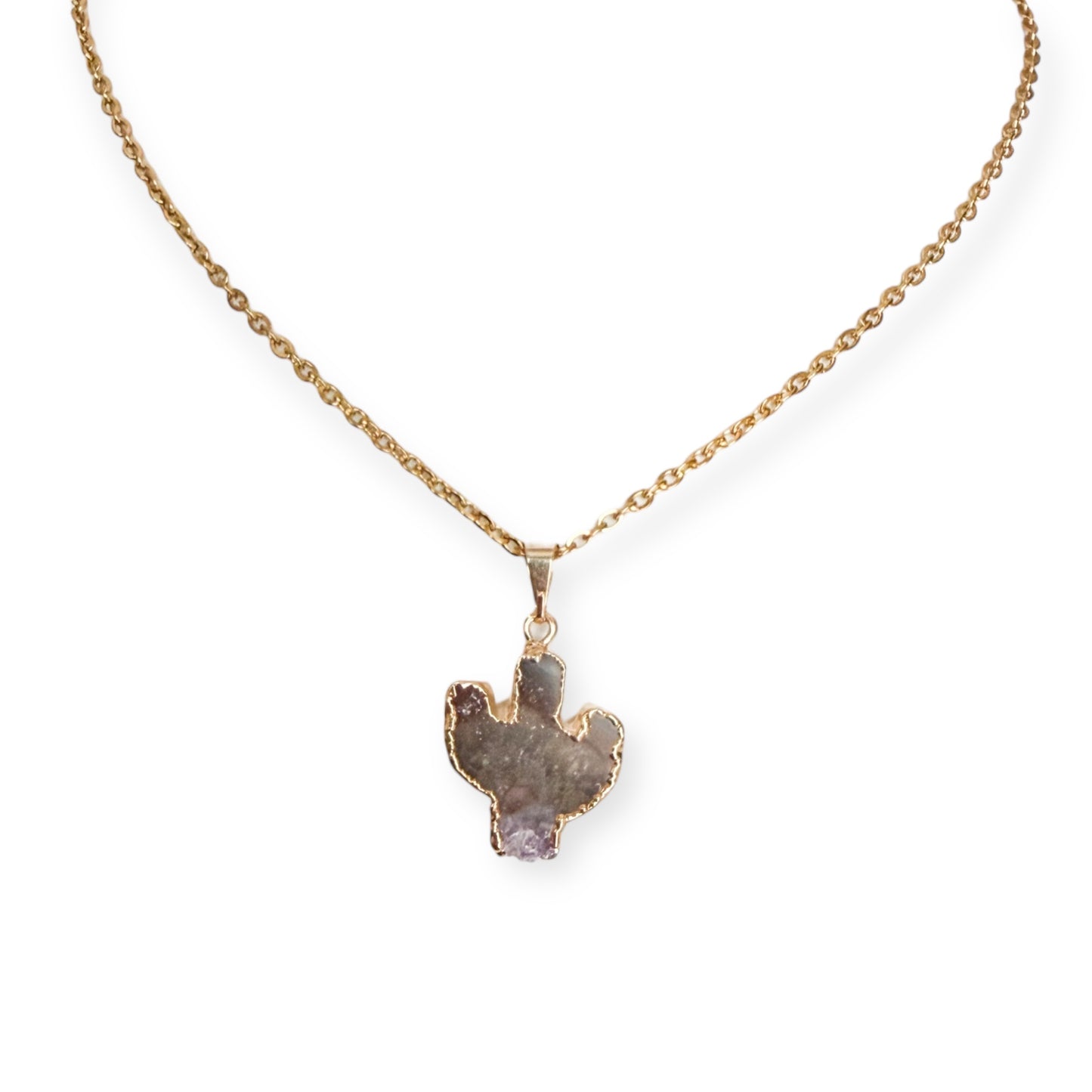 Amethyst cactus pendant necklace with soft lavender and purple crystal tones on an 18 inch gold plated stainless steel chain with extender.