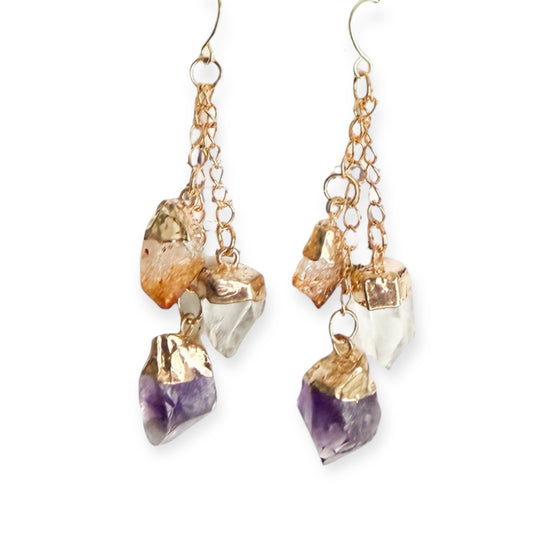 Gold plated dangle earrings with amethyst, citrine, and clear quartz crystals on a white background