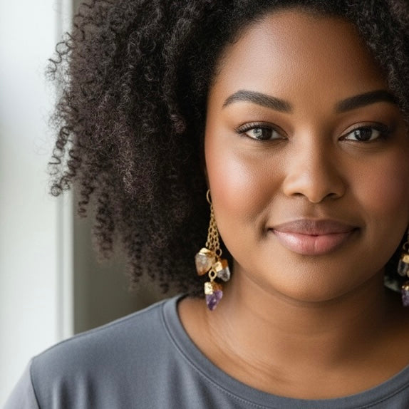 Amethyst, citrine, and clear quartz dangle earrings worn on an AI model, showing length and movement