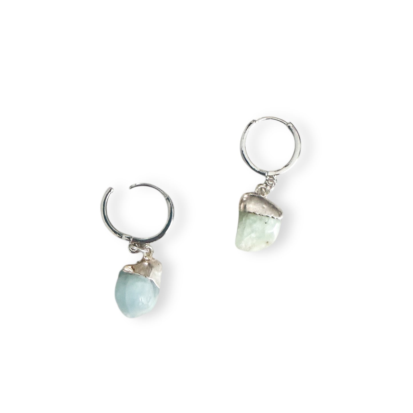 Aquamarine drop huggie earrings with white gold filled hoops on white background