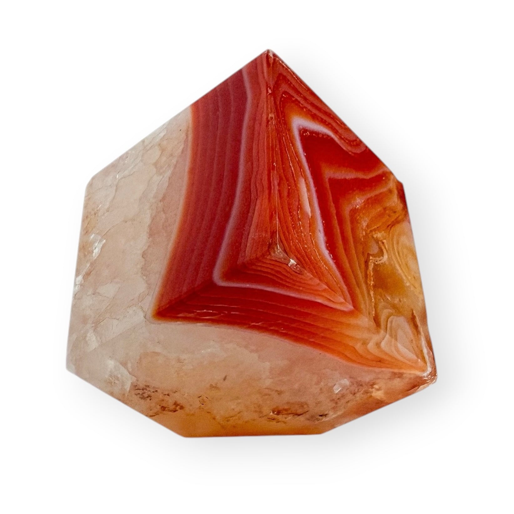 Banded Carnelian Agate freeform featuring striking red and orange fortification patterns with natural cream-colored agate.