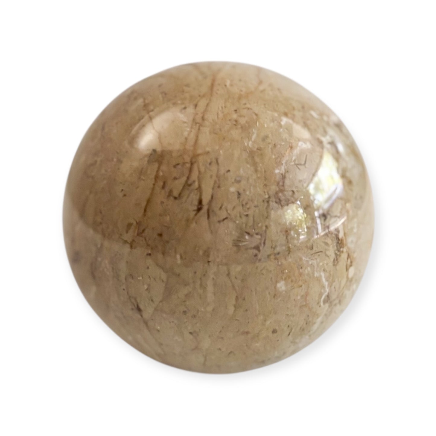Side angle showing beige marble crystal with natural veining