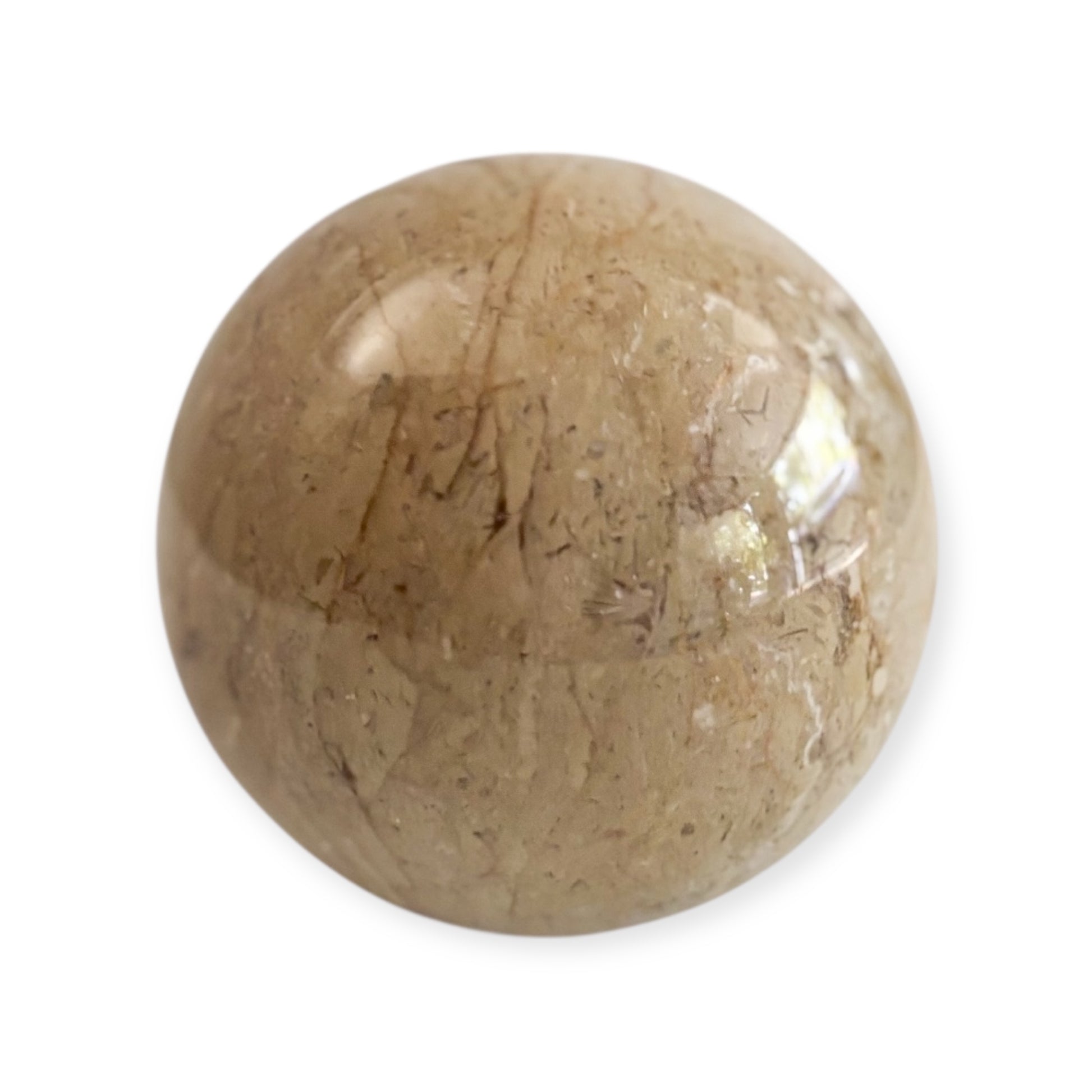 Side angle showing beige marble crystal with natural veining