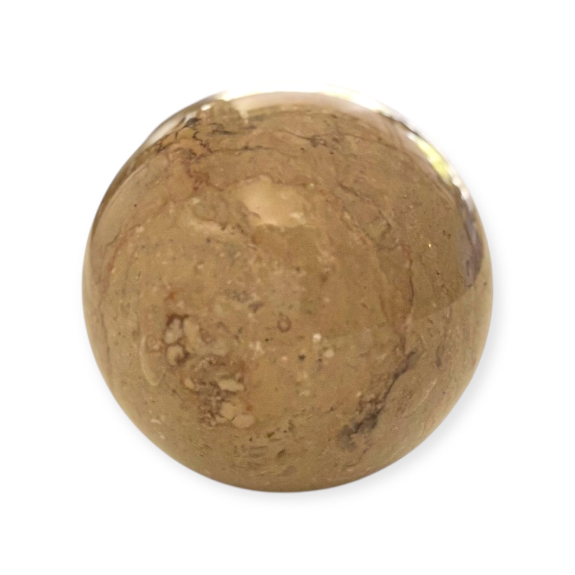Top view of beige marble crystal sphere with swirls