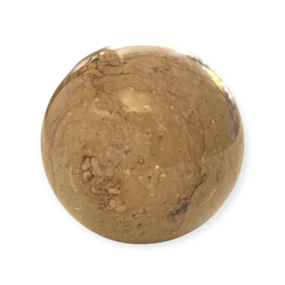 Top view of beige marble crystal sphere with swirls
