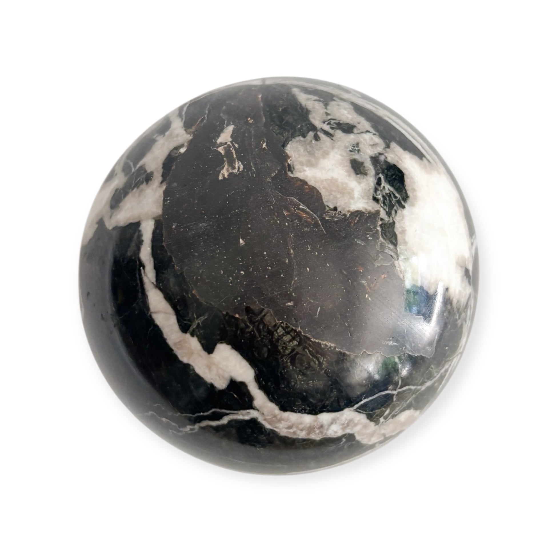 Black Marble Sphere showing bold white veining on polished surface