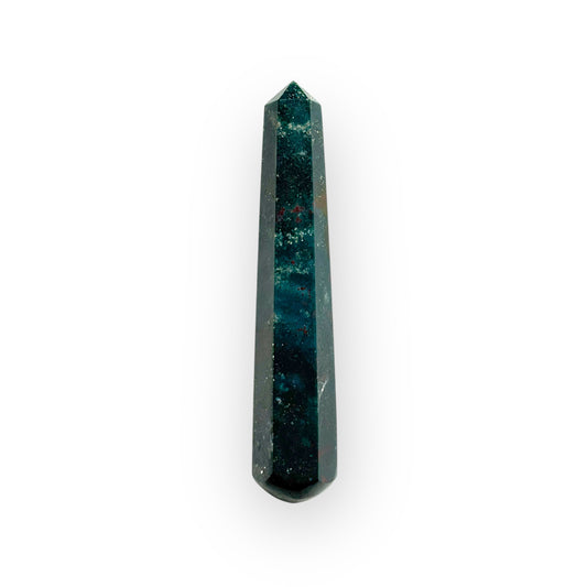 Front view of a Bloodstone wand with rich green tones and subtle red inclusions