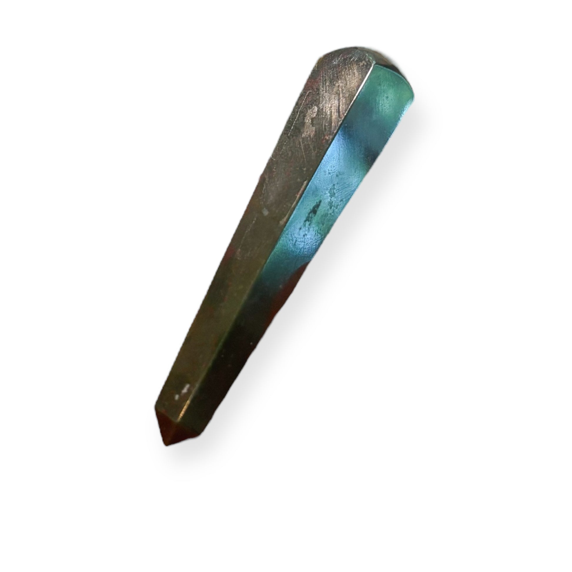 Side profile of polished Bloodstone wand showcasing hexagonal shape and earthy red inclusions.