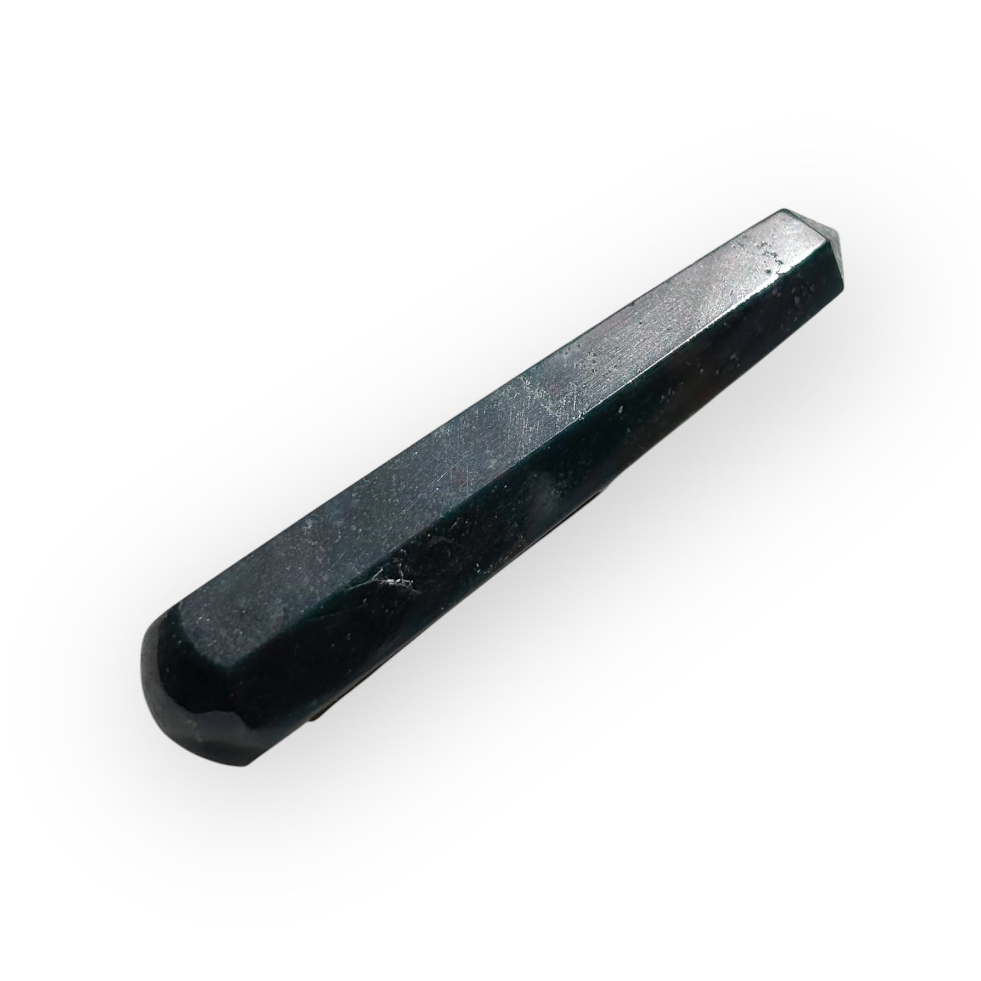 Side view of a polished Bloodstone crystal wand with deep green and red specks