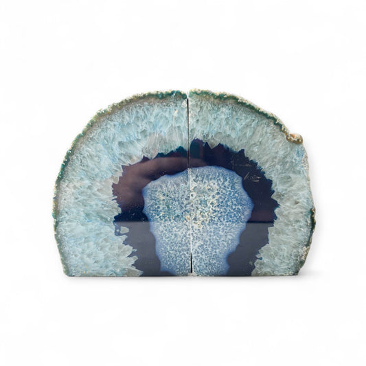 Front view of blue agate crystal bookends with a striking blue and white geode center.