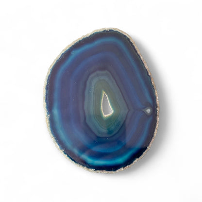 Blue agate slice with druzy pocket held in hand showing size and detail