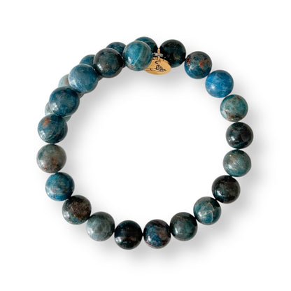 Blue Apatite 10mm crystal beaded bracelet with flexible stainless steel band
