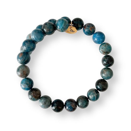 Blue Apatite 10mm crystal beaded bracelet with flexible stainless steel band