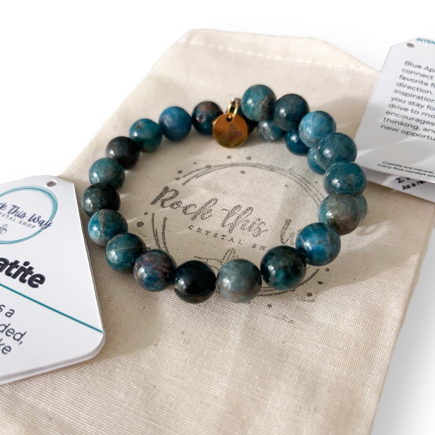 Handcrafted Blue Apatite beaded bracelet on flexible stainless steel band