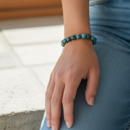 Blue Apatite bracelet stacked on wrist with polished 10mm beads