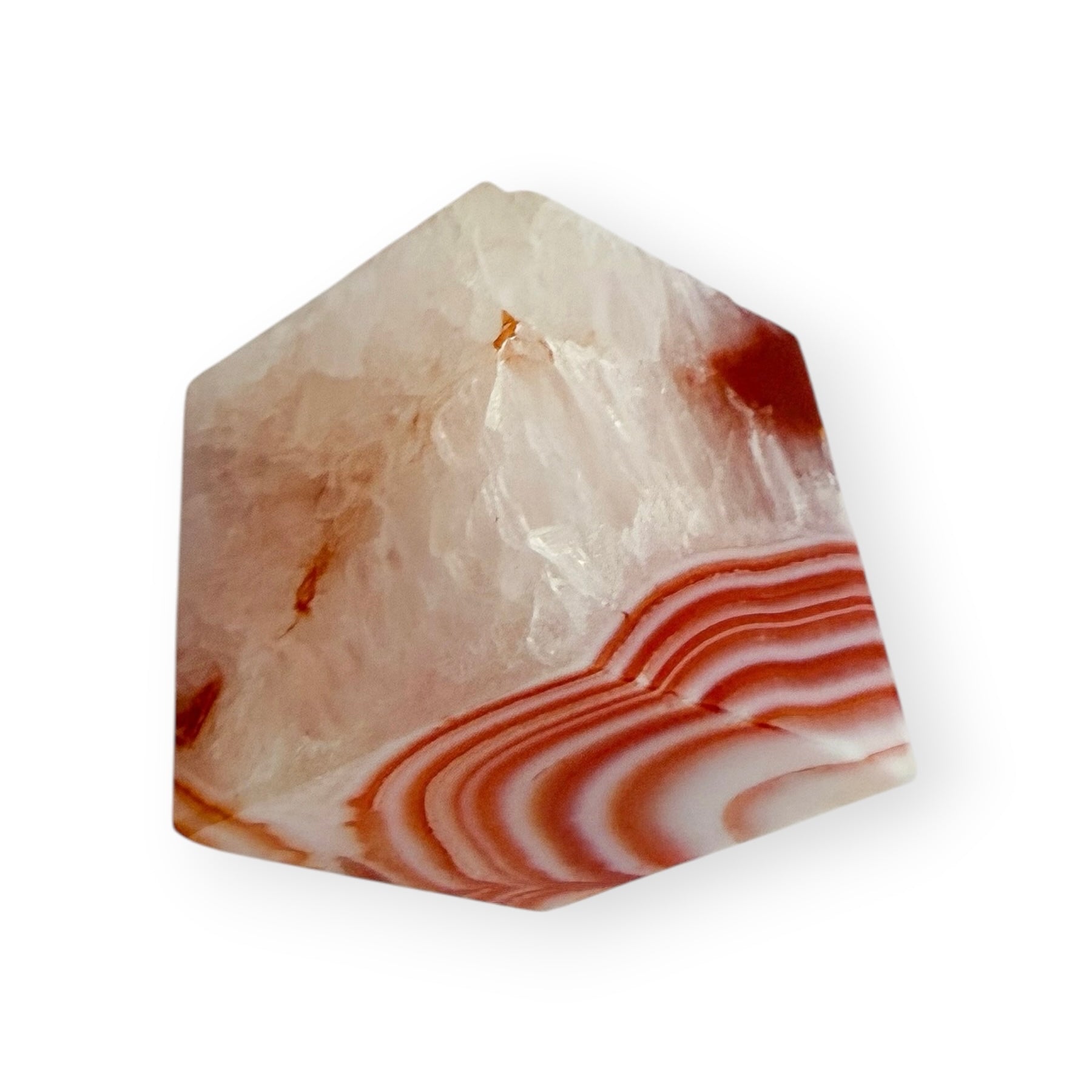 Polished Carnelian Agate self-standing cube featuring red and white banding with a natural quartz formation.