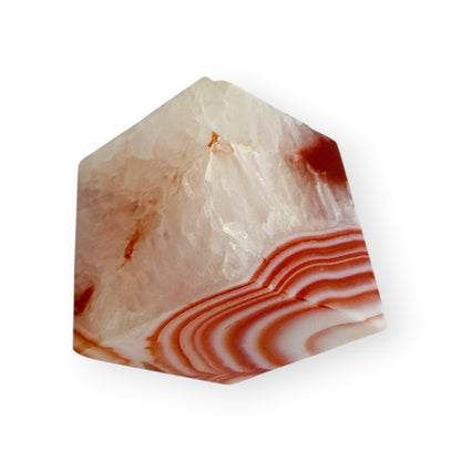 Polished Carnelian Agate self-standing cube featuring red and white banding with a natural quartz formation.