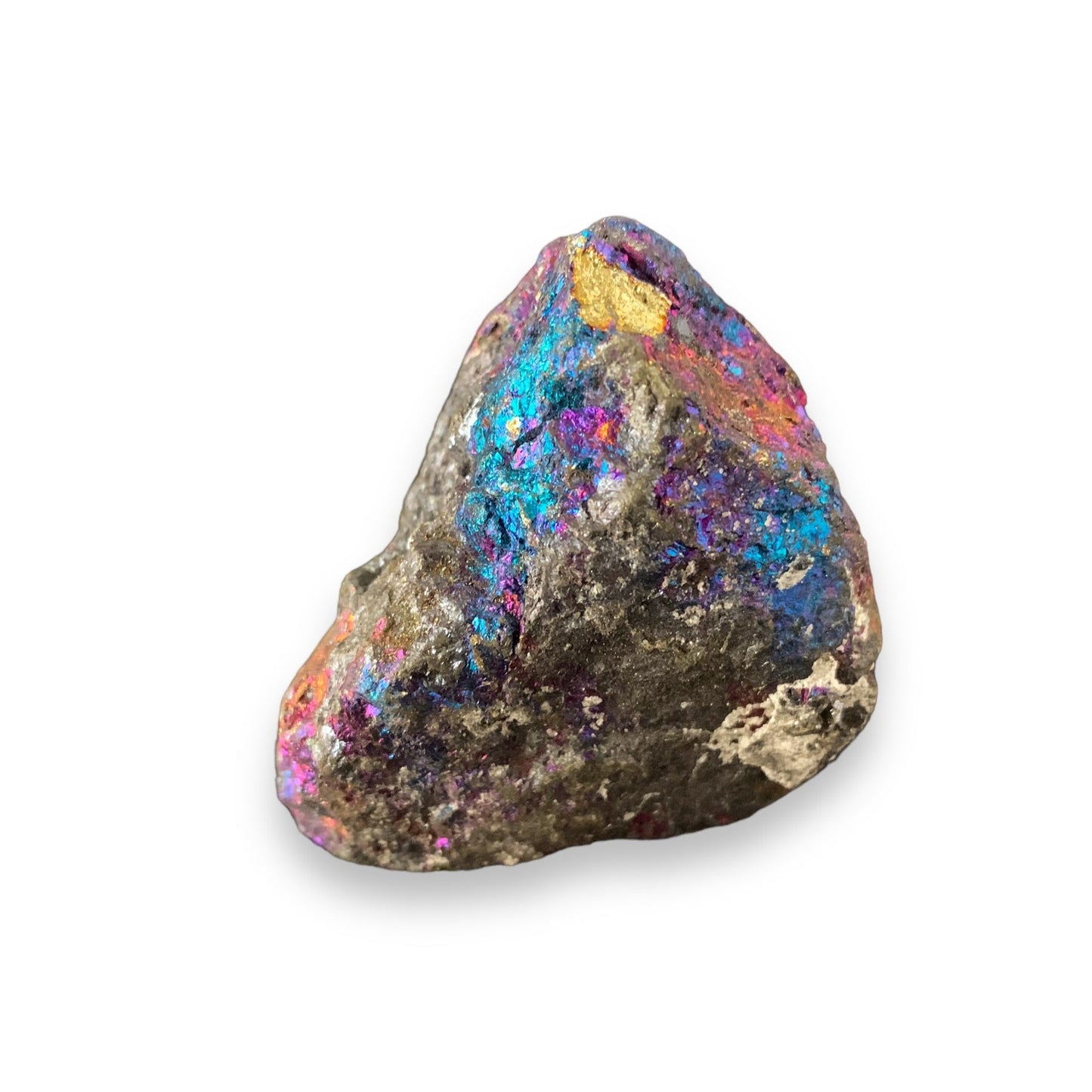 Close-up of raw Chalcopyrite crystal with vivid magenta, blue, and gold