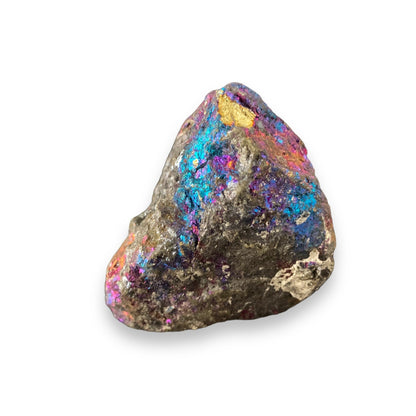 Close-up of raw Chalcopyrite crystal with vivid magenta, blue, and gold