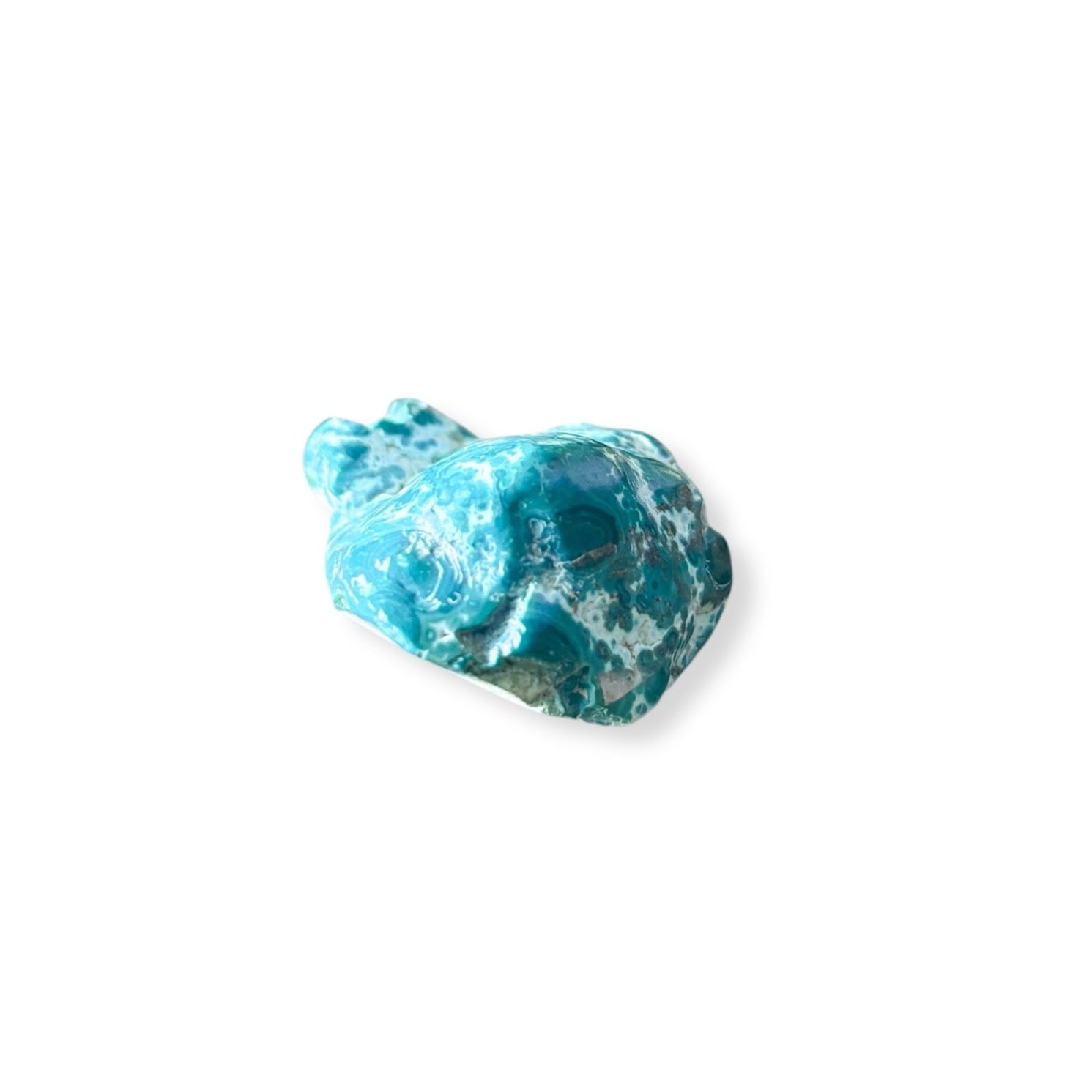 Angled view of Chrysocolla crystal showing natural shine and polished curves