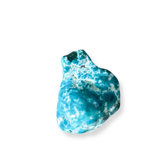 Front view of polished Chrysocolla pocket stone showing teal, blue, and white patterns