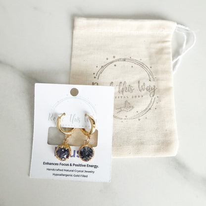 Circle drusy huggie earrings packaged on Rock This Way Crystal Shop jewelry card, ready for gifting