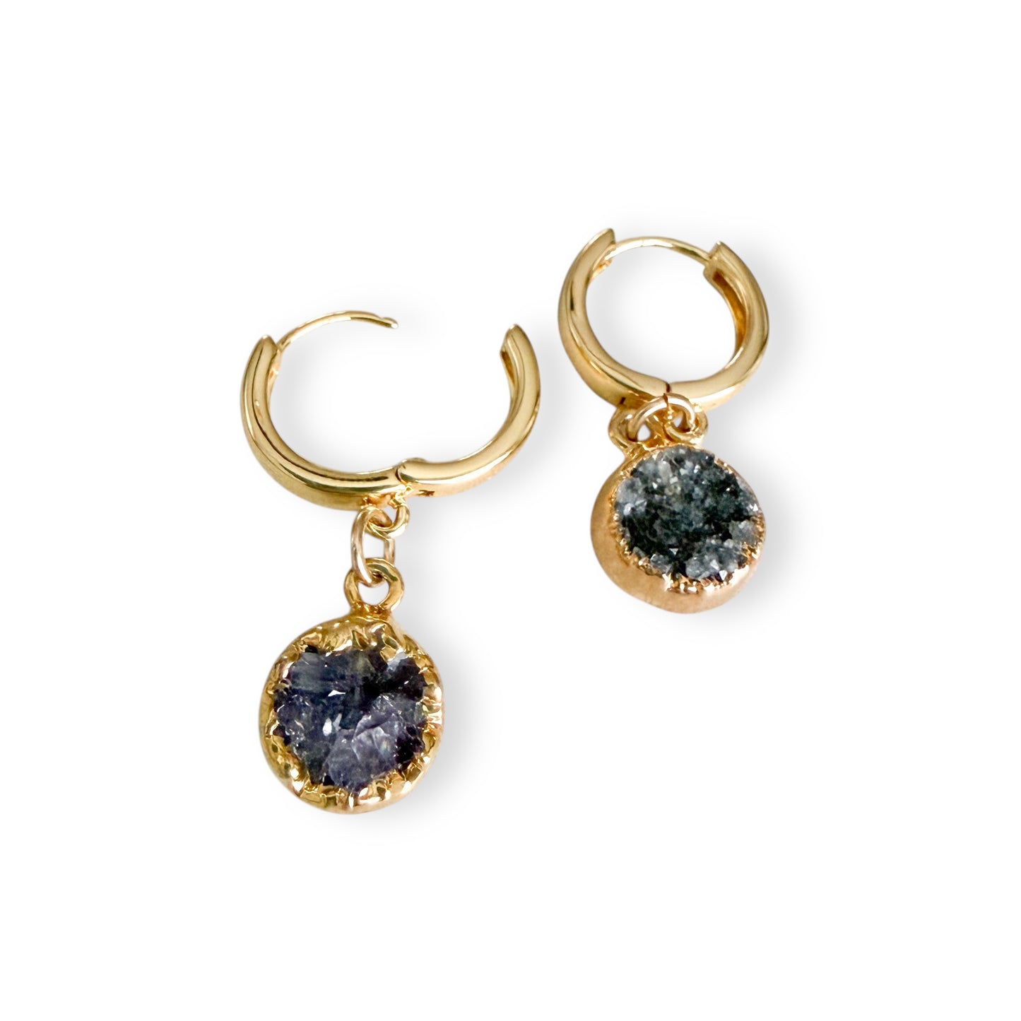 Circle drusy huggies with gold filled hoops and round natural drusy crystal drops on white background