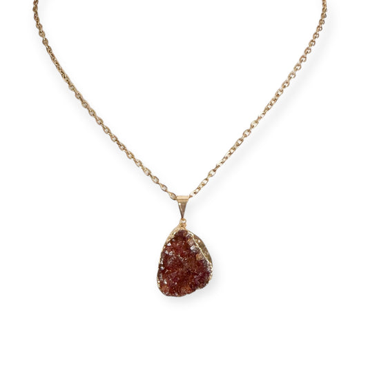 Gold plated citrine drusy cluster pendant necklaces showing light, medium, and dark citrine crystal color variations.